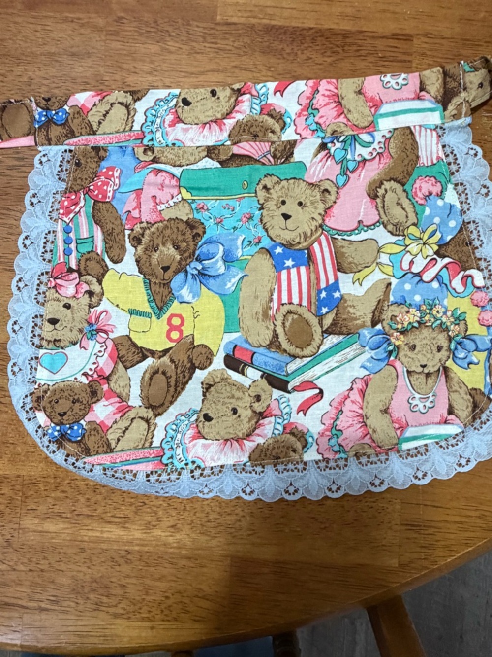 Kids Lace-Trim Teddy Bear Print Apron - Pink & Blue